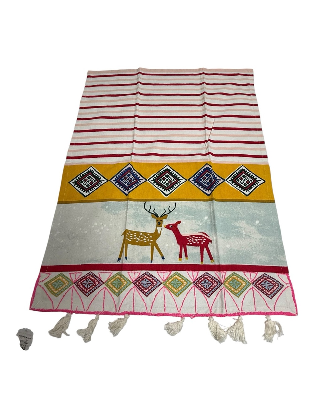Anthropologie Deer Fringe Tea Towel Boho Tribal Striped Holiday Dish Kitchen